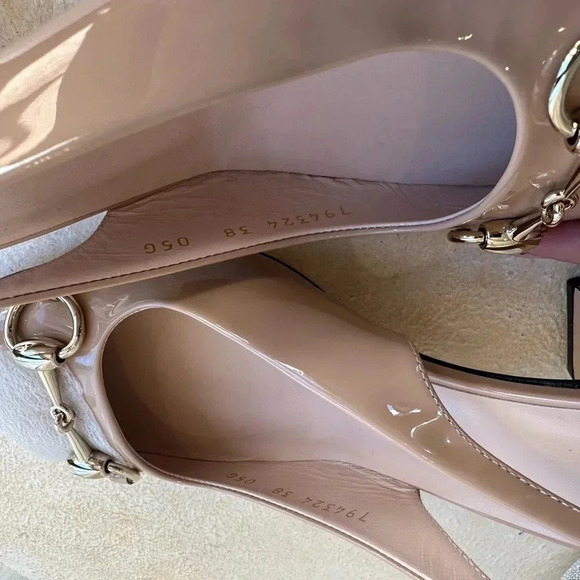 New Gucci Nude Patent Leather Slingback Block Heel, Lady Tan Horsebit Size 8 US - Picture 11 of 13